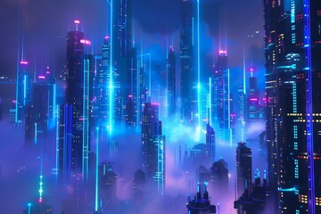 Nighttime in a futuristic city with glowing blue and purple lights