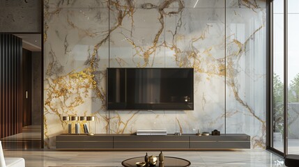 A TV lounge with a TV integrated into a marble feature wall with subtle gold veining