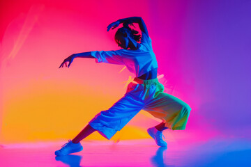 Female dancer on neon colored background. Woman in dynamic pose dancing, showing artistic expression