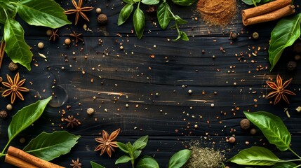 Aromatic spices and fresh herbs scattered on a dark wooden rustic background.