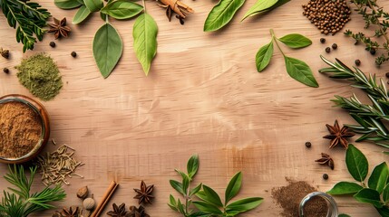 An array of fresh herbs and spices neatly arranged on a wooden surface, ideal for culinary themes. - Powered by Adobe