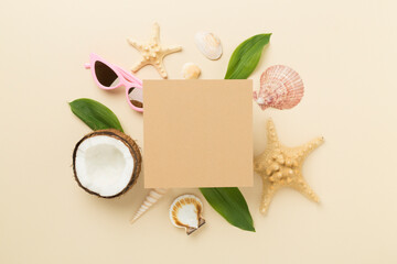 Summer banner with coconut and sea shells on color background. Vacation concept