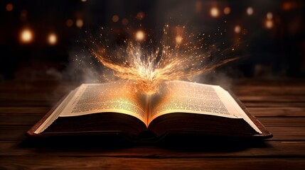 Open book with glowing pages on wooden table and bokeh background