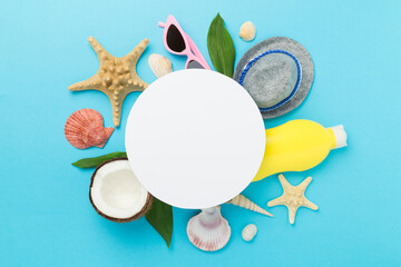 Summer banner with coconut and sea shells on color background. Vacation concept