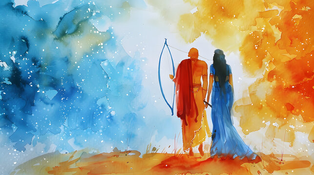 Lord Shri Ram with a bow on his shoulder, walking with Goddess Sita, watercolor painting