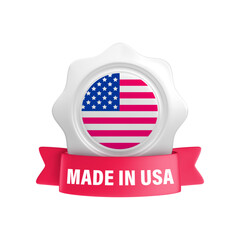 Made in USA round badge with American flag and red ribbon. Vector realistic 3d label. American product emblem in wavy medal, US quality product design element.