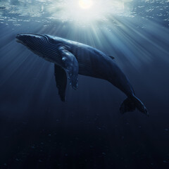 A cinematic scene featuring a large dark blue whale swimming gracefully in the deep sea against a white background, illuminated by sun rays casting a mesmerizing glow and presenting more beauty.