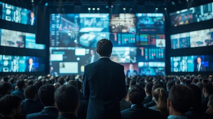 A business conference stage with an audience of many people in front