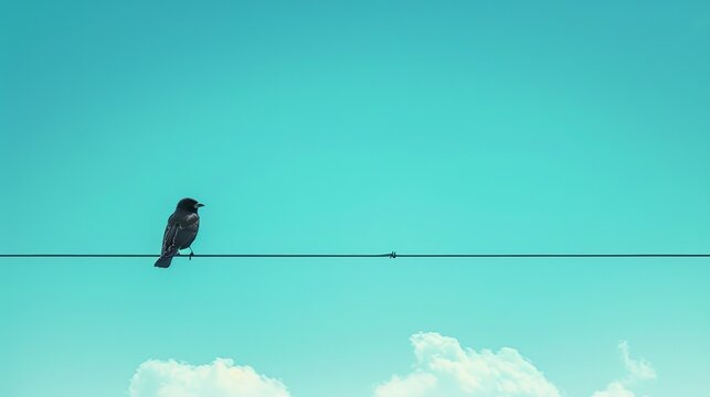 A lone bird perched on a wire against a clear blue sky.