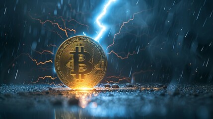 Abstract visualization of cryptocurrency surge: bitcoin symbol illuminated by lightning strike, indicating market growth and strength