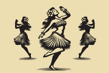Beautiful Hawaiian young woman dancing. Vintage black engraving vector illustration, isolated object © Victoria