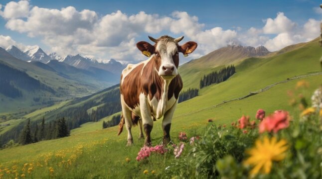 Portrait of a cow in a field in the mountains. Close up cow in the sunny pasture , cattle 