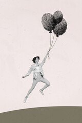 3D photo collage trend artwork composite sketch image of black white silhouette young woman hold in hand rope air balloons doodle