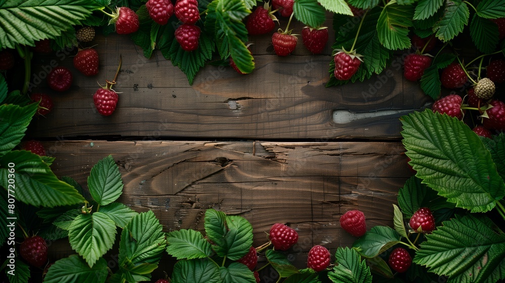 Sticker Fresh raspberries scattered with vibrant leaves on a rustic dark wooden background.