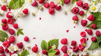 Fresh raspberries with leaves and white flowers scattered on a textured white background.