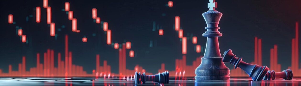 Futuristic 3D illustration of stock market allusion with winlose king chess pieces Standing blue king over fallen red king on candlestick chart screen analysis with room for text f
