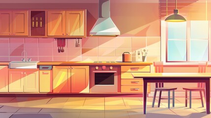 An empty modern flat dinning concept with daylight front view of an empty cartoon kitchen interior with table. A house dining room background illustration with cook oven, stove, a window, sink and a