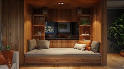 A TV lounge with a TV set within a custom-built wooden alcove, creating a cozy nook for movie nights