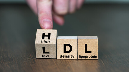 Hand turns cube and changes the expression LDL (low density lipoprotein) to  HDL (high density...