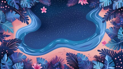 Top view of a night sand beach. Cartoon illustration of an island in sea water during the summer. Travel banner template with dark ocean shore tropical landscape. Blue Hawaii resort coastline.