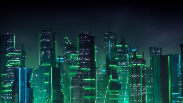 Sci-fi City Skyline with Green and Blue Neon lights. Night scene with Advanced Skyscrapers.