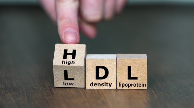 Hand turns cube and changes the expression LDL (low density lipoprotein) to  HDL (high density lipoprotein).