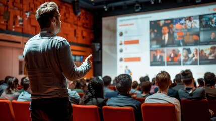 A confident man in business attire giving a speech on stage at the conference