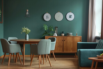Room with table, Mint Color Chairs at Round Wooden Dining Table with vase in the Room, minimalist