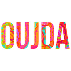 City name design of Oujda, Morocco . Filled text with colorful floral doodle pattern. Use for logo, tshirt print,travel blogs, festivals, posters,headline, card, city events typography design