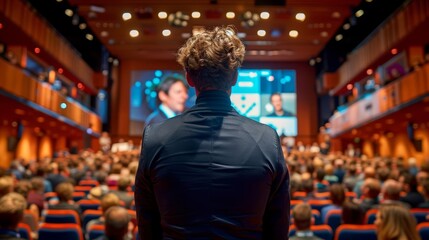 A man in a suit giving a presentation to an audience at a business conference or auditorium