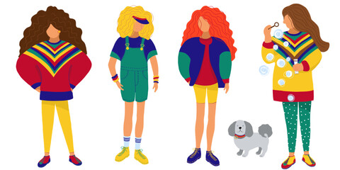 Cool teenager girls from the 80s - 90s vibes, in colorful  trendy fashion clothes, vintage, retro.  Bubble gums, dog. illustration vector.