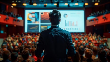 Fototapeta premium A man in a suit giving a presentation to an audience at a business conference or auditorium