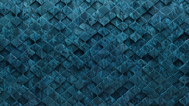 Blue Patina, Glazed Mosaic Tiles arranged in the shape of a wall. Arabesque, 3D, Blocks stacked to create a Textured block background. 3D Render