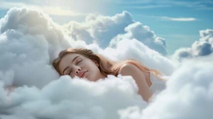 A woman peacefully laying on a fluffy white cloud floating in the sky.