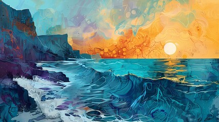 Fototapeta premium Seaside cliff scenery illustration poster background