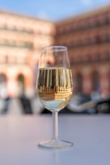 Savor the taste of Toledo in every sip as the white wine captures the enchanting reflections of its vibrant plaza