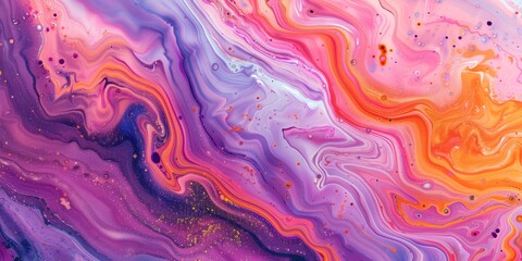 Fototapeta premium A beautiful of marble acrylic pour painting and sparkles, swirling colors in pink and purple, orange and blue.