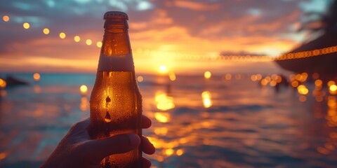Hand holding a beer bottle against a sunset, with the ocean and string lights in the background - Powered by Adobe