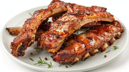 A plate of grilled ribs with herbs and spices, in a closeup shot on a white background.