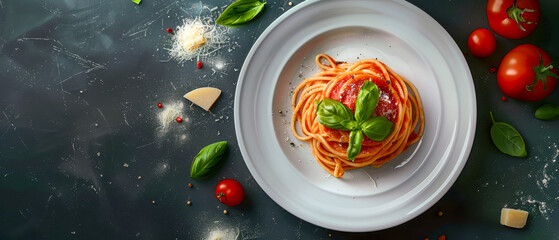 Top view white plate of spaghetti with basil and tomato sauce, copy space for text