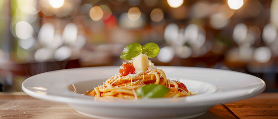 A plate of pasta with basil leaf on top, tomato sauce and cheese, blurred background