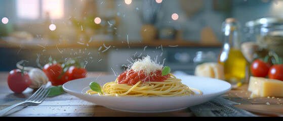 A plate of spaghetti with red sauce and cheese is on kitchen table