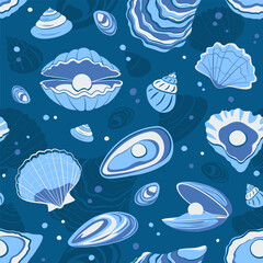 sea shells pattern. ocean starfish aquarium seashells collection, cartoon aquatic life spiral beach cockleshells. vector cartoon objects, seamless pattern.