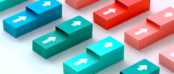 A row of colorful blocks with arrows pointing up