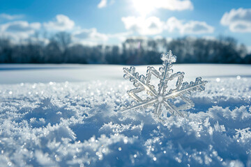 Sparkling crystal snowflake on a frosty snow surface under blue skies.