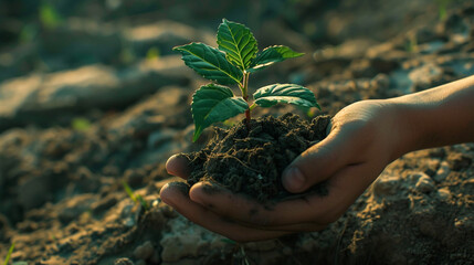 Hands cradling soil with a young plant sprouting.