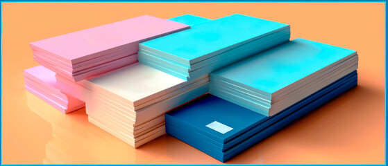 A stack of blue, pink and white empty cards on bright and shinny surface