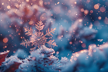 Frosty snowflake in sunlight with sparkling bokeh background.