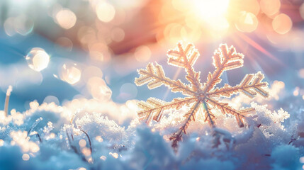 Frosty snowflake in sunlight with sparkling bokeh background.