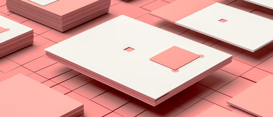 Pink and white image of a white paper box with a pink square on it